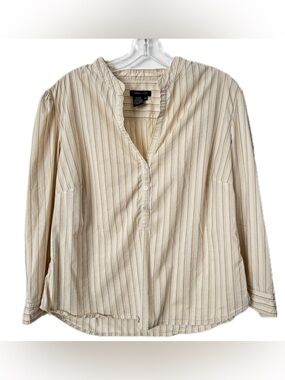 BCBG Max Azria Striped Cotton Popover Blouse Size 12 Neutral Button Top